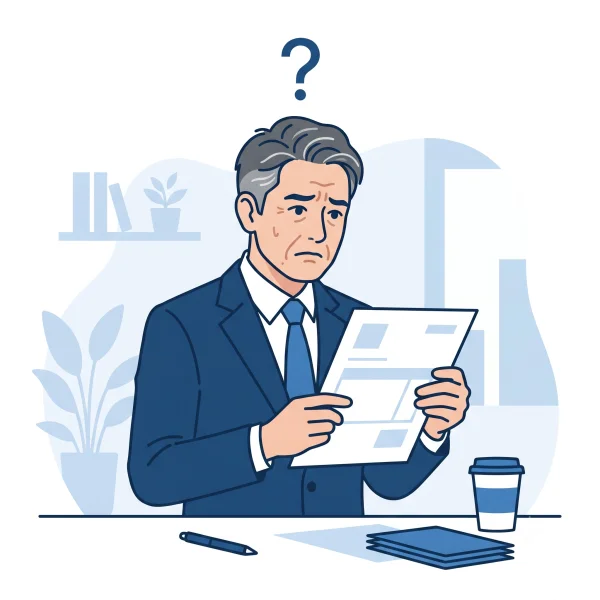 1社の見積書を前に悩む理事長のイラスト