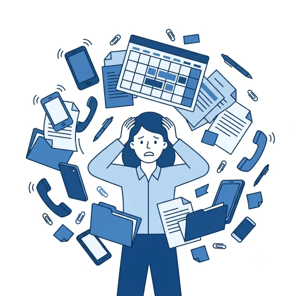 電話や書類に追われて手一杯な人のイラスト