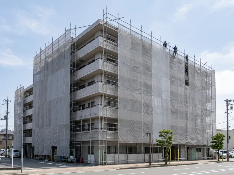 マンションを覆う足場とメッシュシート